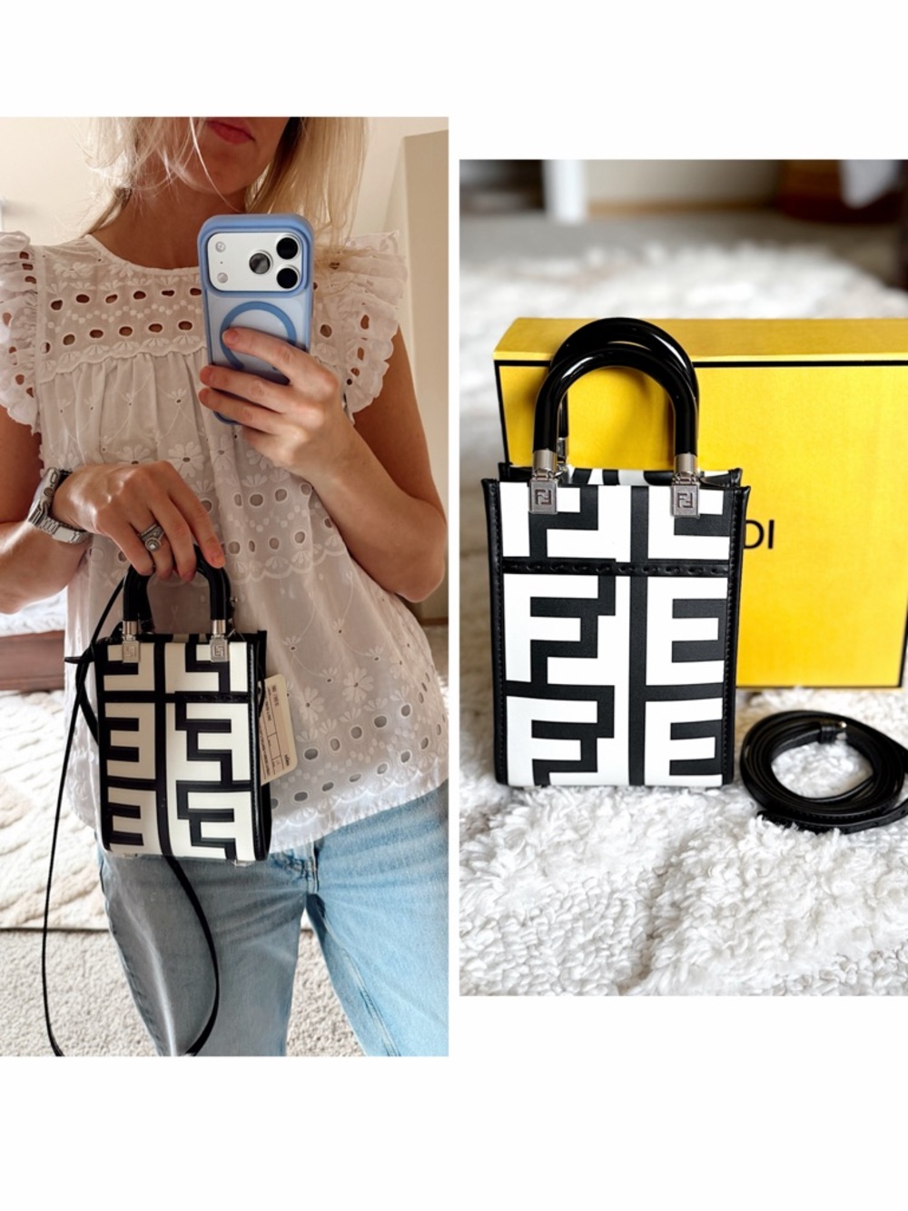 NWT FENDI X MARC JACOBS MINI SUNSHINE TOTE SHOPPER LOGO BLACK WHITE + BOX